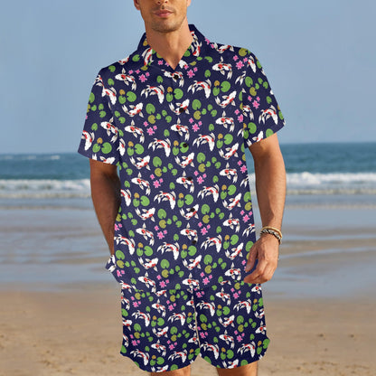 Koi Carp Pattern Design Themed Print Men's Beach Shirt and Shorts Set