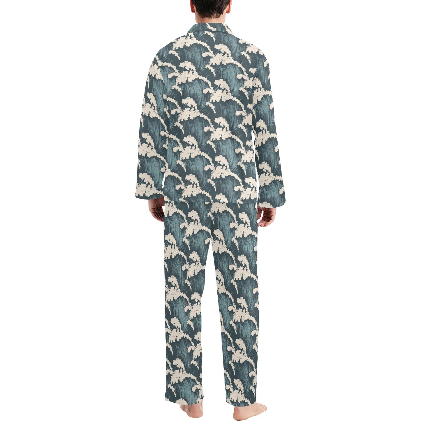 Wave Art Print Men's Long Pajama Set