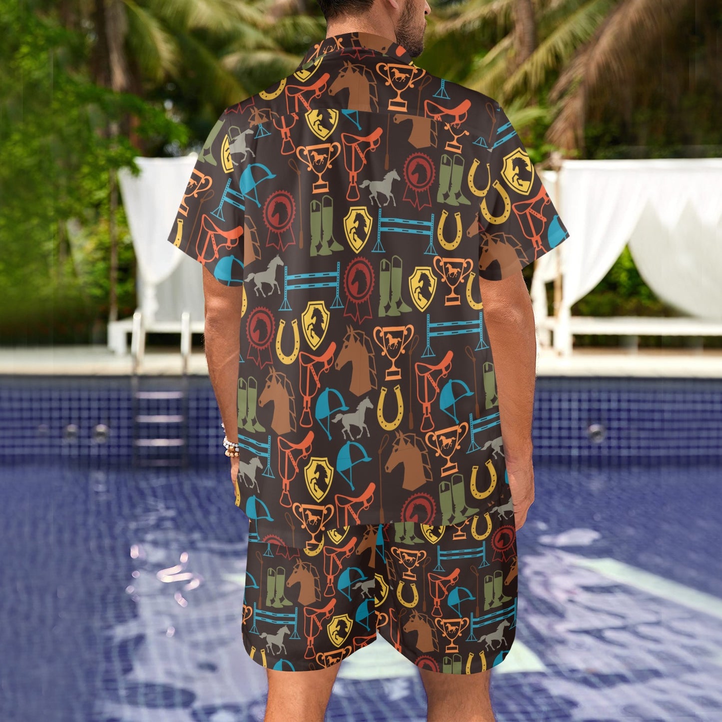 Equestrian Equipment Horse Colorful Men's Beach Shirt and Shorts Set