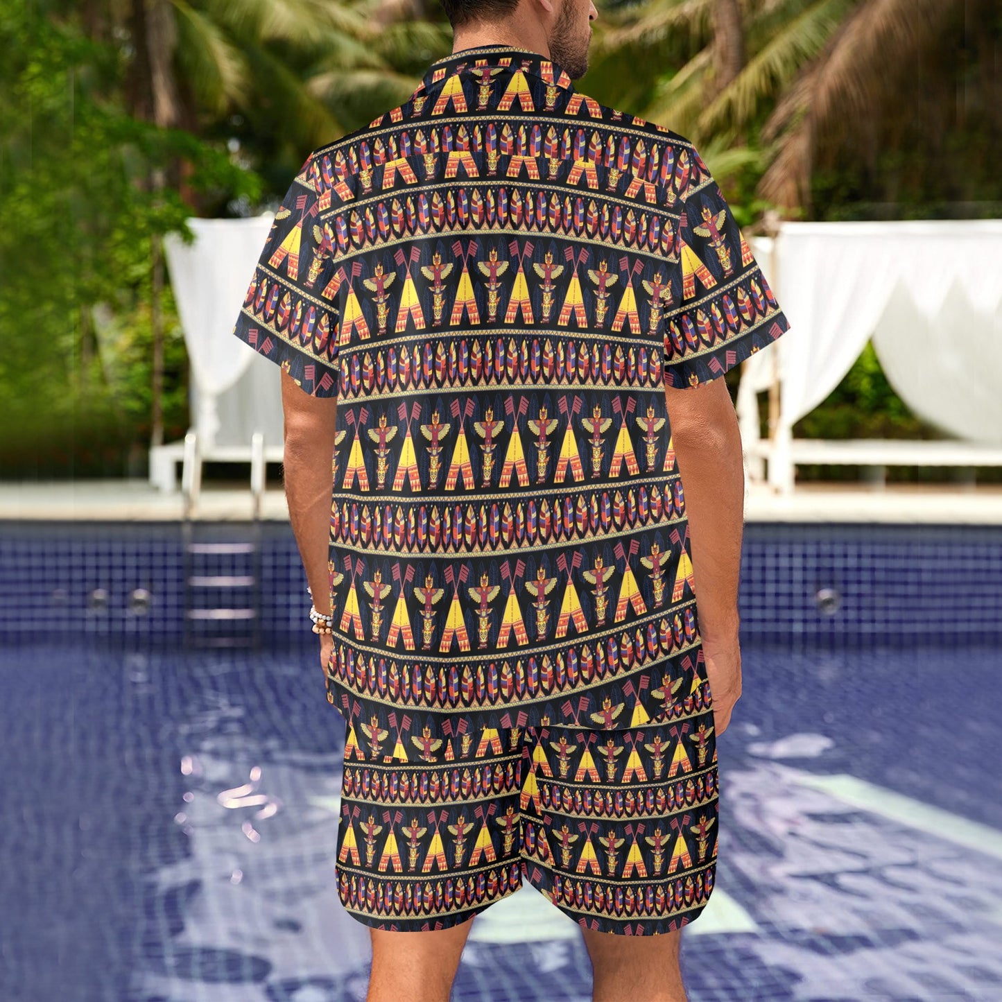 Totem Pole Design Men's Beach Shirt and Shorts Set