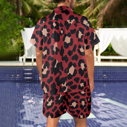 Cheetah Red Print Pattern Men's Beach Shirt and Shorts Set
