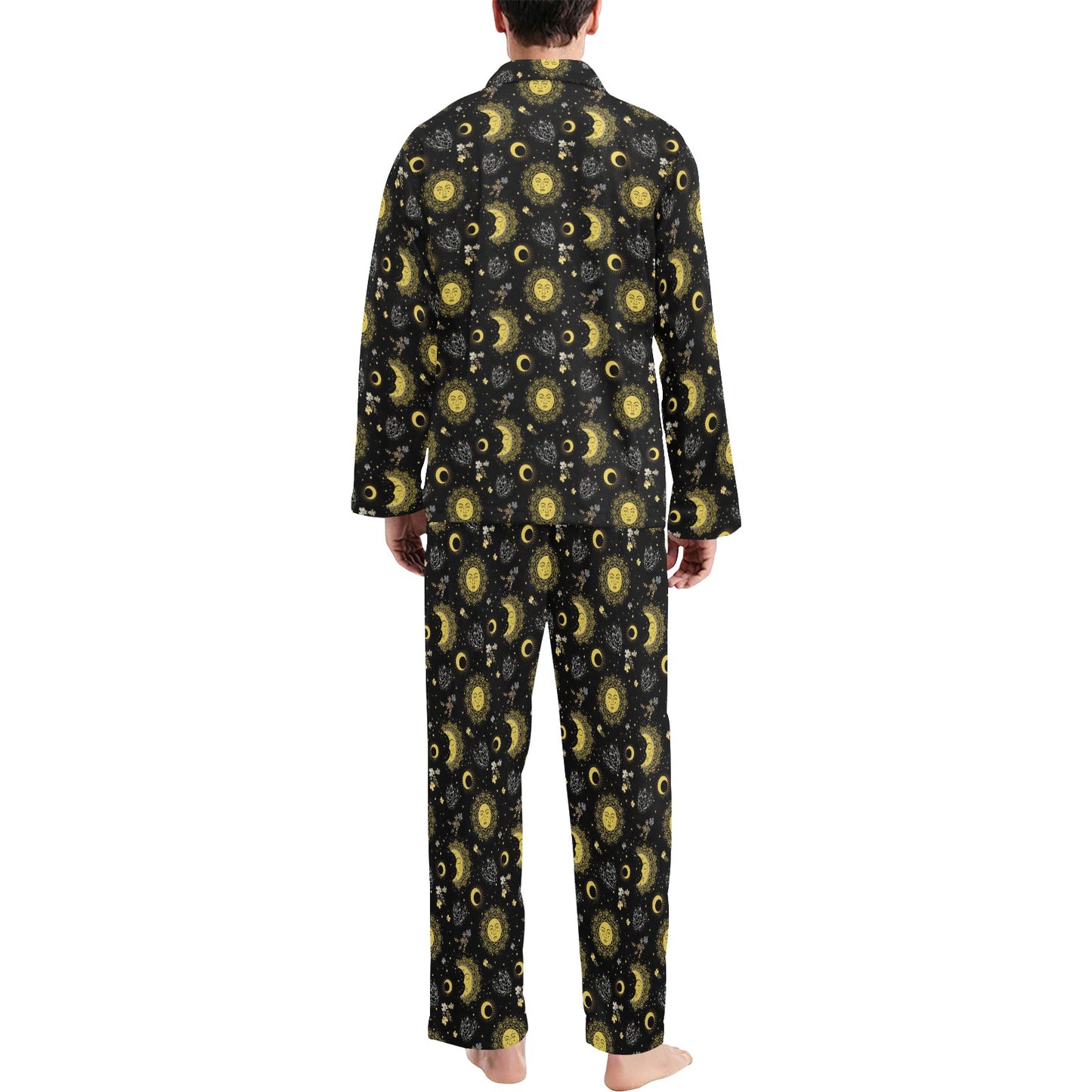 Sun Moon Golden Design Themed Print Men's Long Pajama Set
