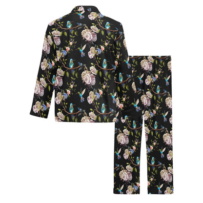 Hummingbird Flower Themed Print Men's Long Pajama Set