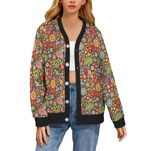 Flower Power Peace Paisley Themed Print Women's Cardigan