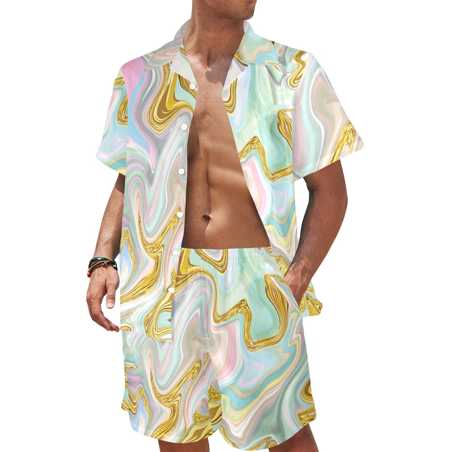 Gold Sweet Marble Men's Beach Shirt and Shorts Set