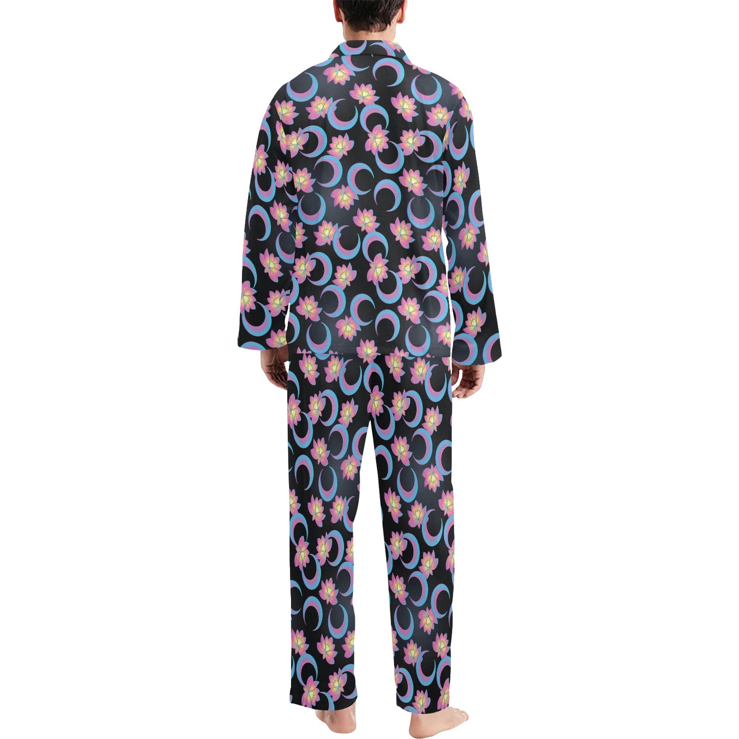 Lotus with Moon Pink Print Themed Men's Long Pajama Set