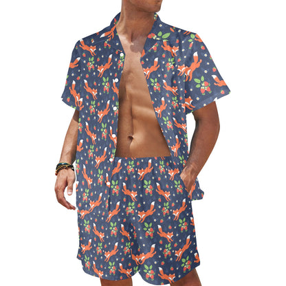 Fox Strawberry Print Pattern Men's Beach Shirt and Shorts Set