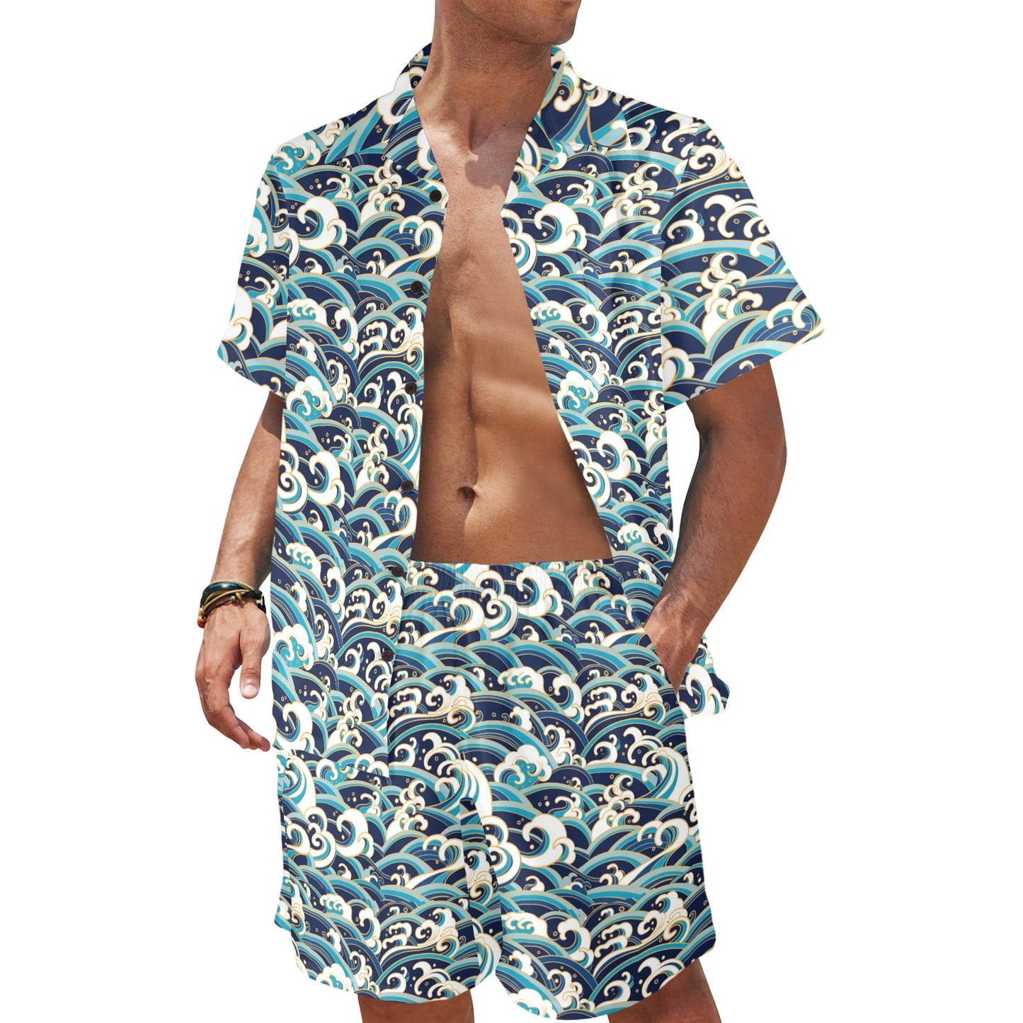 Surf Wave Pattern Men's Beach Shirt and Shorts Set