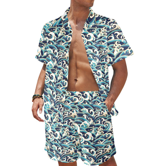 Surf Wave Pattern Men's Beach Shirt and Shorts Set