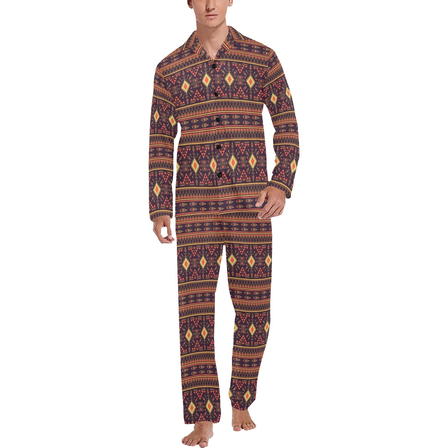Southwest Ethnic Design Themed Print Men's Long Pajama Set