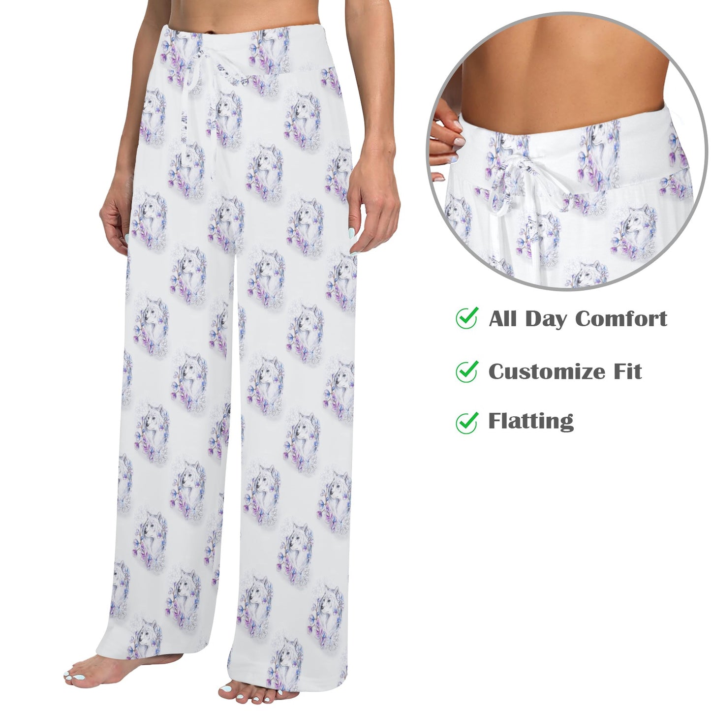 Wolf with Flower Print Design Women's Wide Leg Lounge Pants