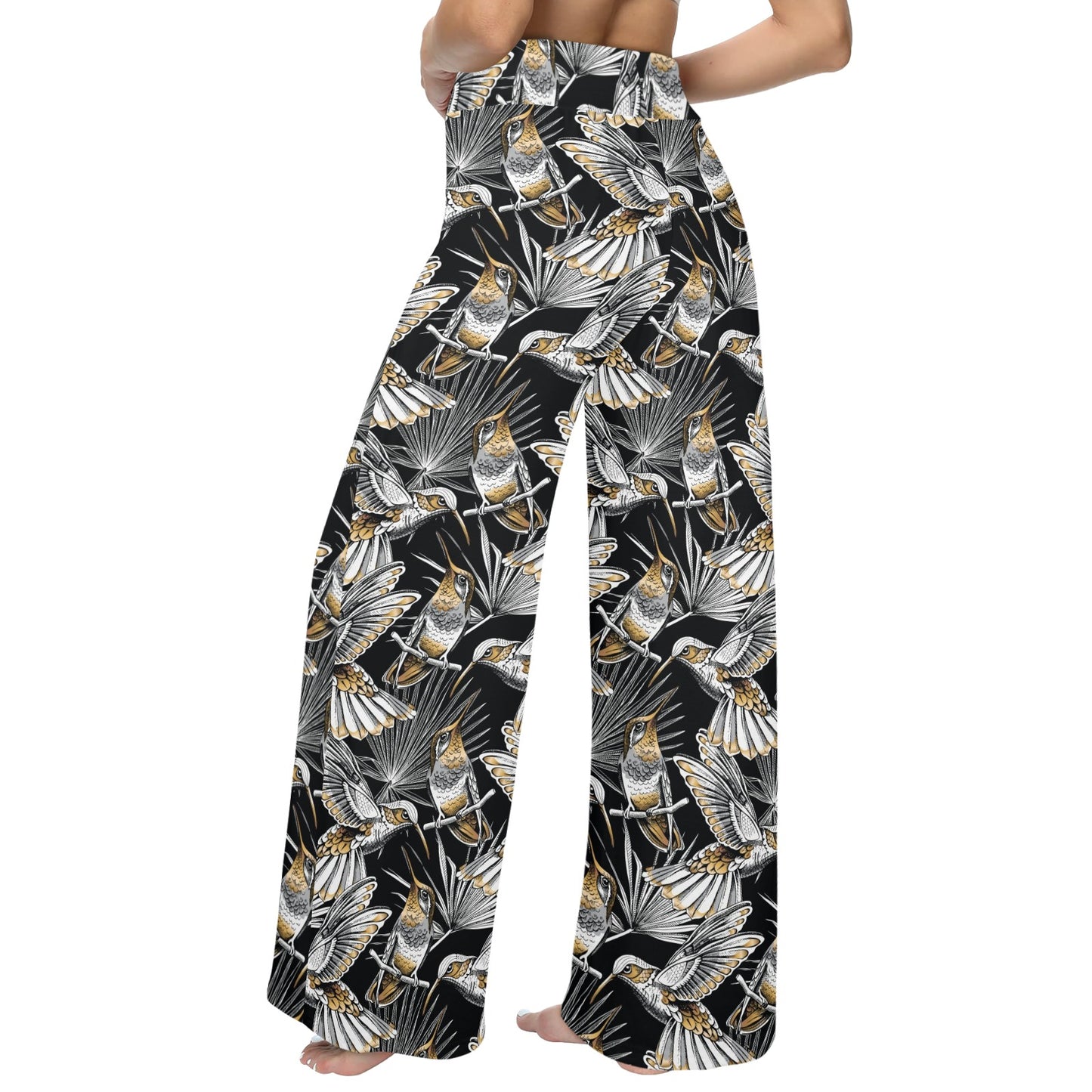 Hummingbird Gold Design Themed Print Women's Wide Leg Lounge Pants