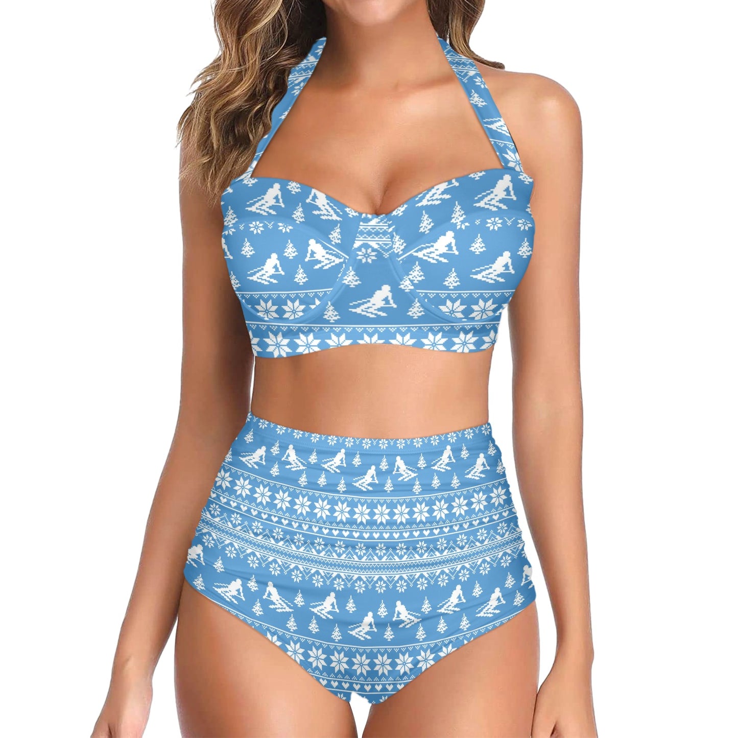 Ski Knit Pattern Print Design LKS302 Halter Neck Bikini Swimsuit