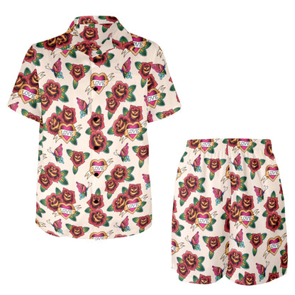 Old School Tattoo Rose Pattern Men's Beach Shirt and Shorts Set