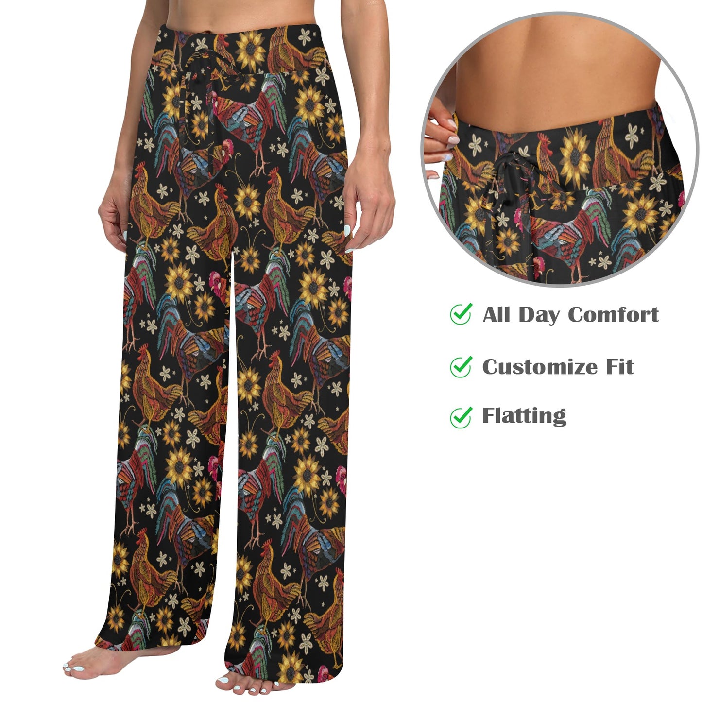 Chicken Embroidery Style Women's Wide Leg Lounge Pants