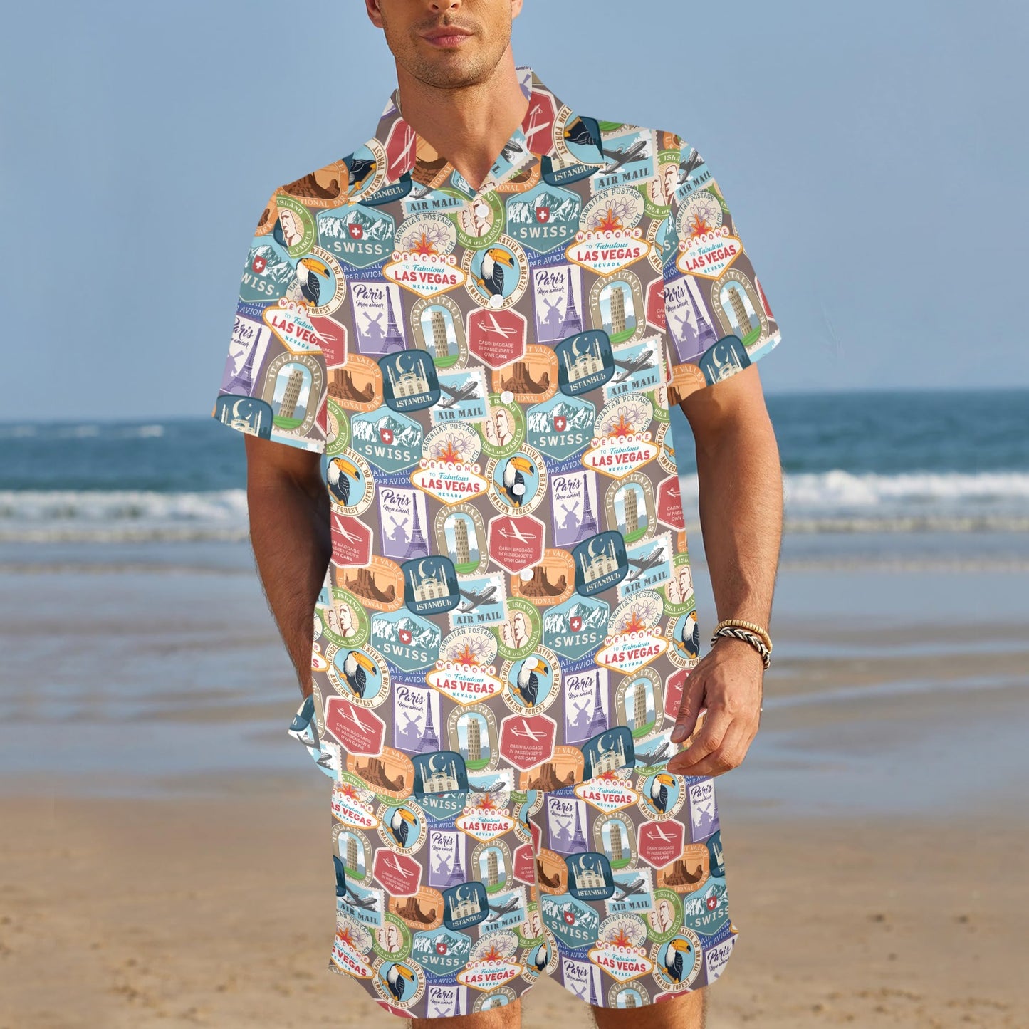Travel Stamp Print Design LKS301 Men's Beach Shirt and Shorts Set