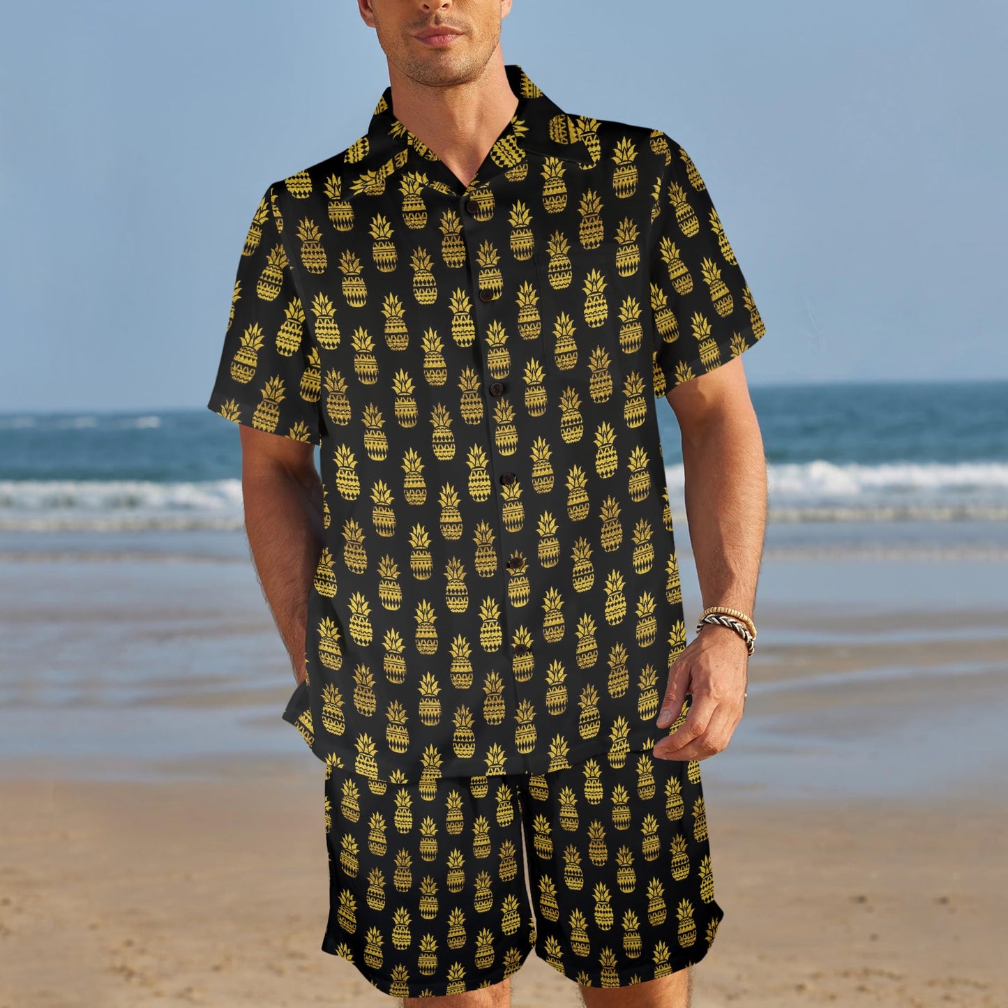 Pineapple Gold Tribal Style Print Men's Beach Shirt and Shorts Set