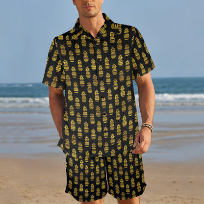 Pineapple Gold Tribal Style Print Men's Beach Shirt and Shorts Set