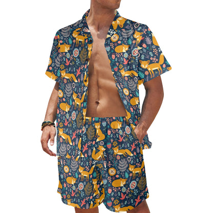 Fox Cute Jungle Print Pattern Men's Beach Shirt and Shorts Set