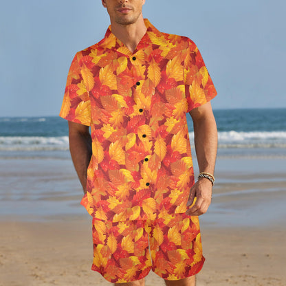 Elm Leave Autum Print Pattern Men's Beach Shirt and Shorts Set
