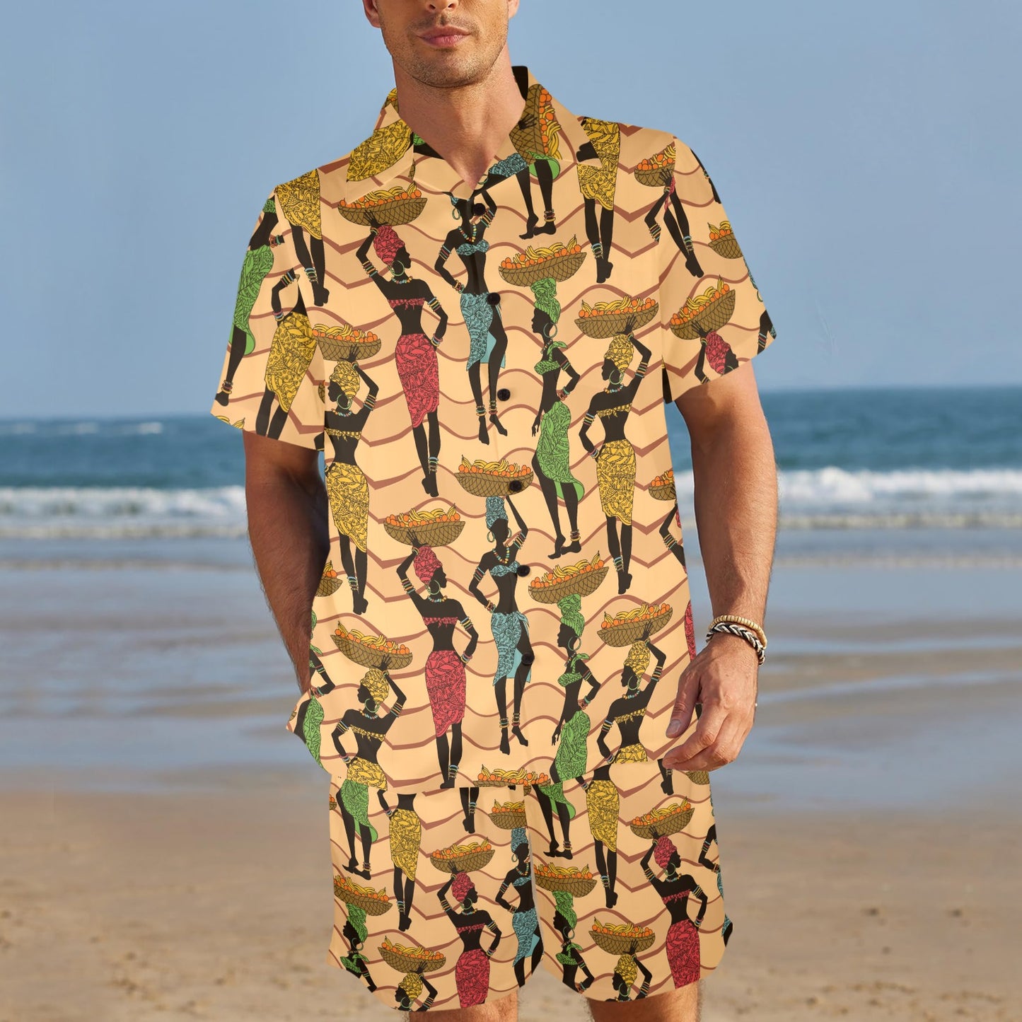 African Girl Pattern Zip Up Hoodie Men's Beach Shirt and Shorts Set