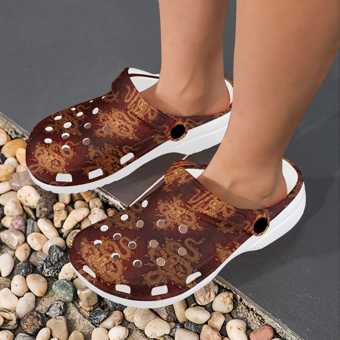 Chinese Dragons Gold Design Unisex Clogs Shoes