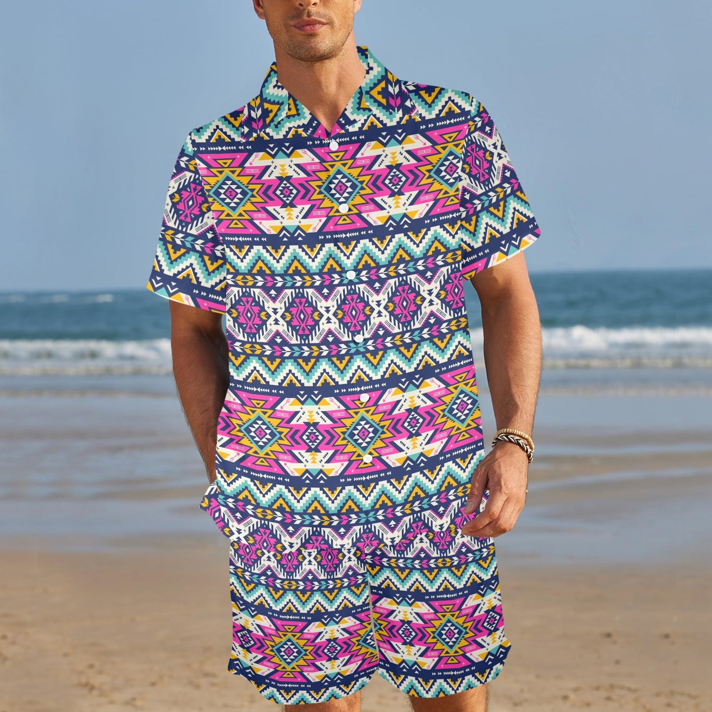 Aztec Pink Geometric Print Pattern Men's Beach Shirt and Shorts Set