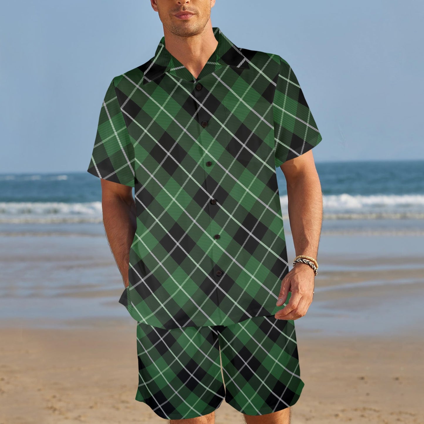 Plaid Green Pattern Print Design A05 Men's Beach Shirt and Shorts Set