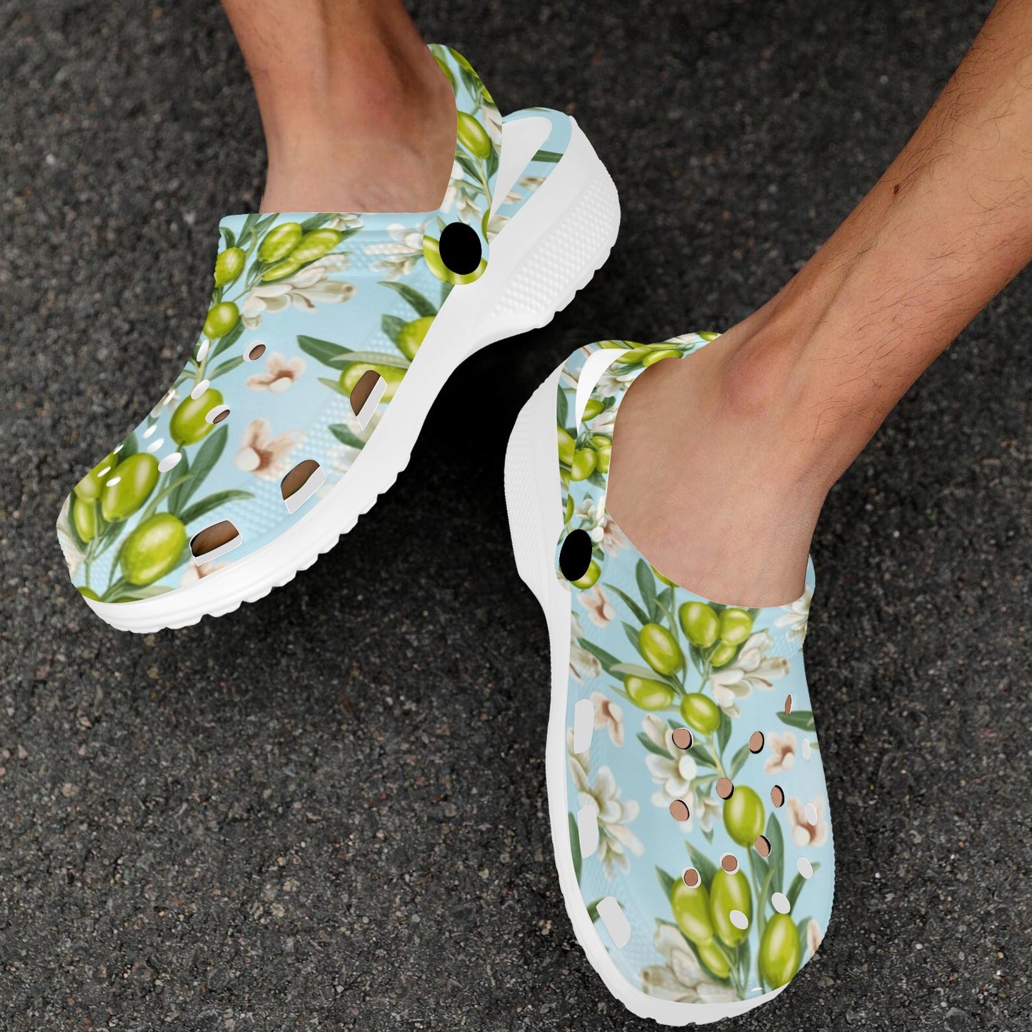 Elegant Olive Floral Print Unisex Clogs Shoes