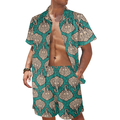 Boho Head Elephant Men's Beach Shirt and Shorts Set