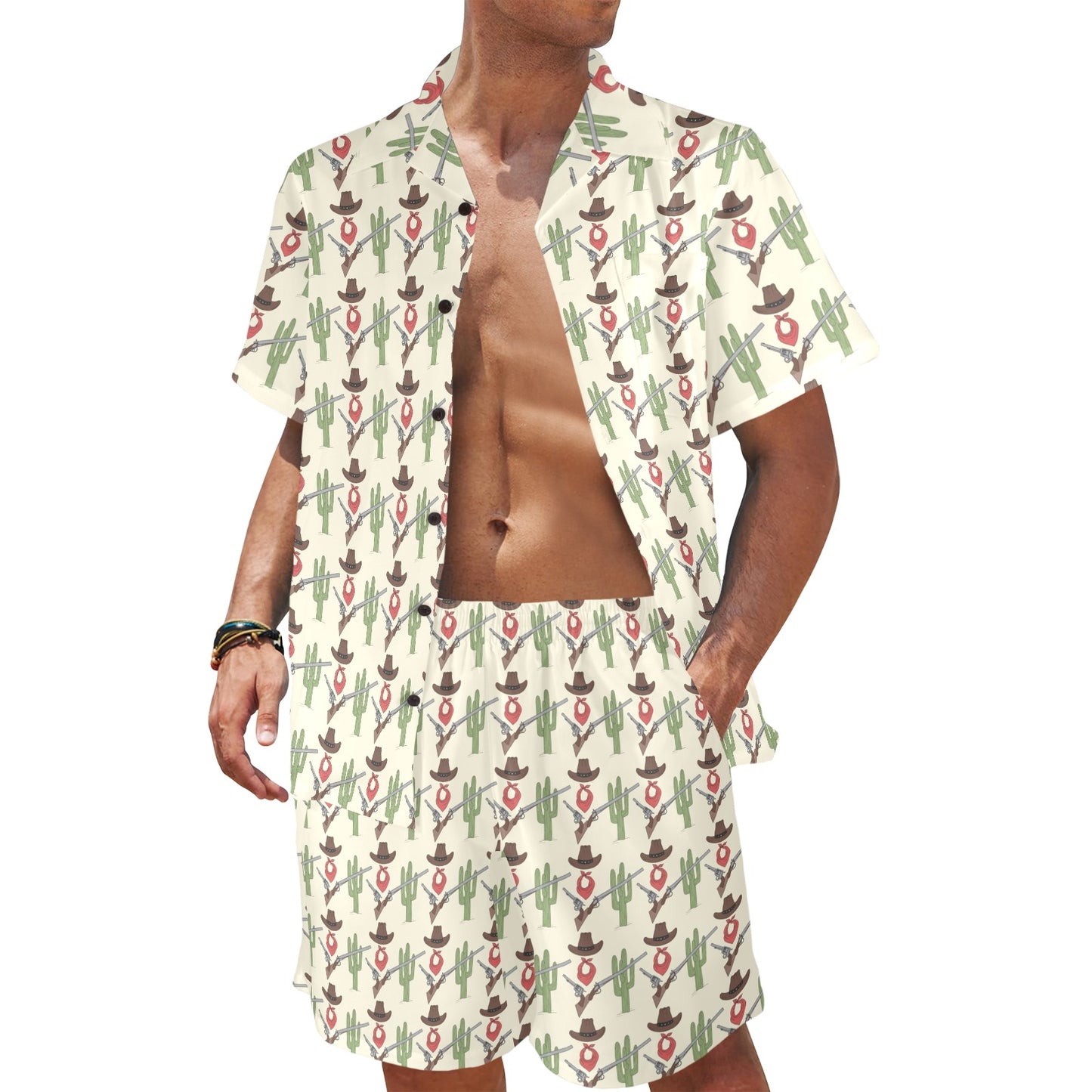 Western Cowboy Print Men's Beach Shirt and Shorts Set
