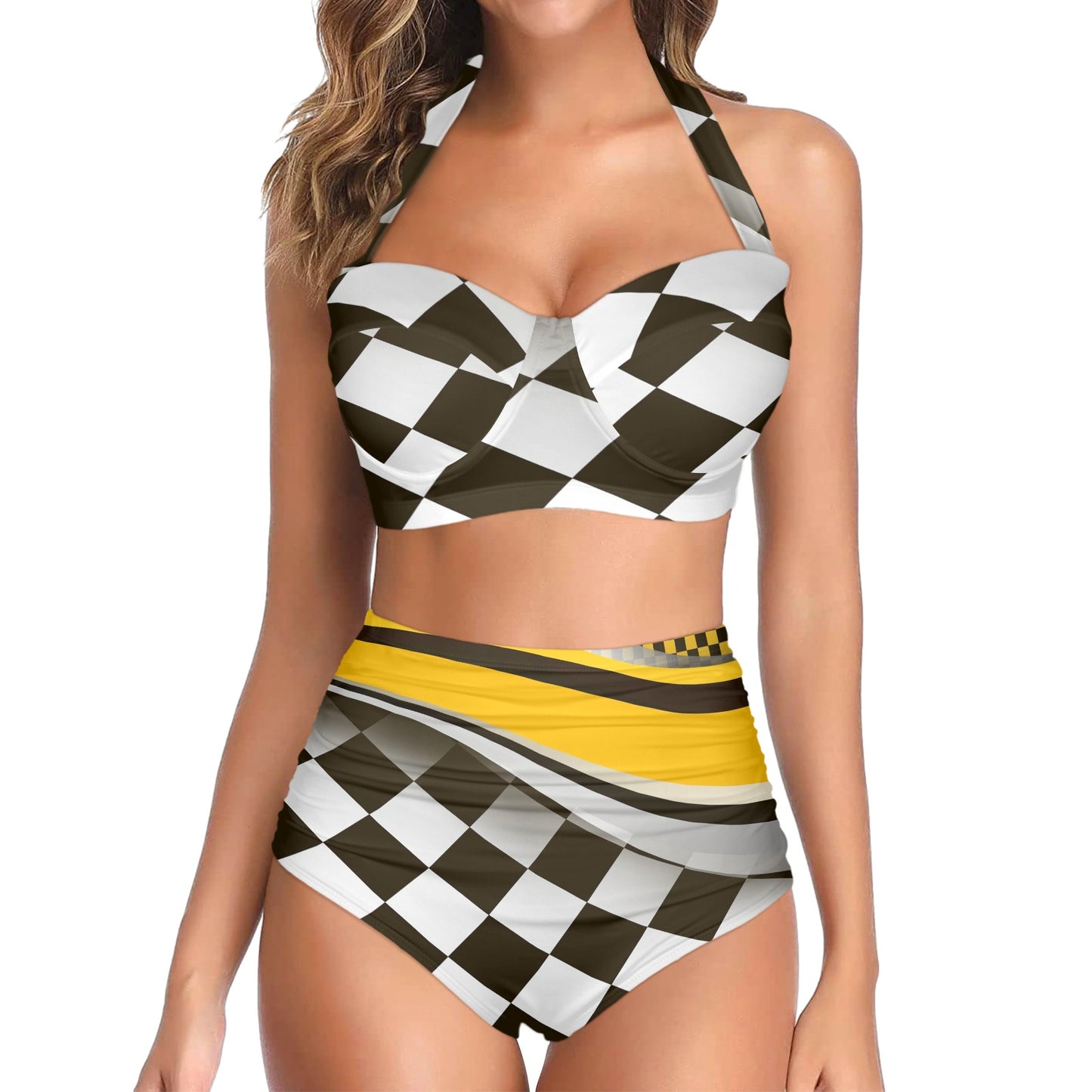 Checkered Flag Racing Style Halter Neck Bikini Swimsuit