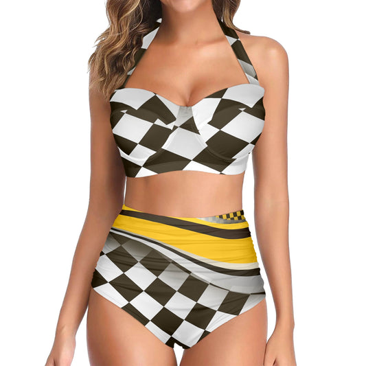 Checkered Flag Racing Style Halter Neck Bikini Swimsuit