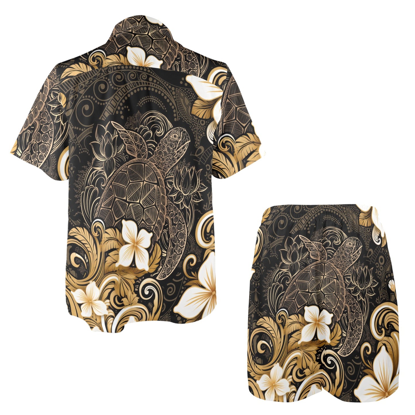 Polynesian Plumeria Sea Turtle Men's Beach Shirt and Shorts Set
