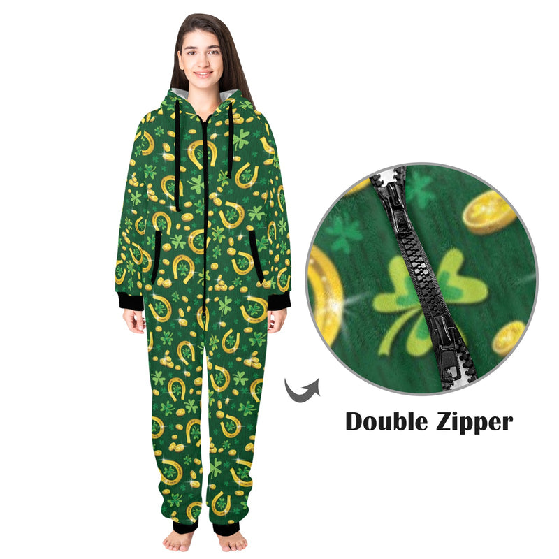 Shamrock Horse Shoes Saint Patrick's Day Print Design LKS307 Hooded Fleece Onesie Pajama Jumpsuit