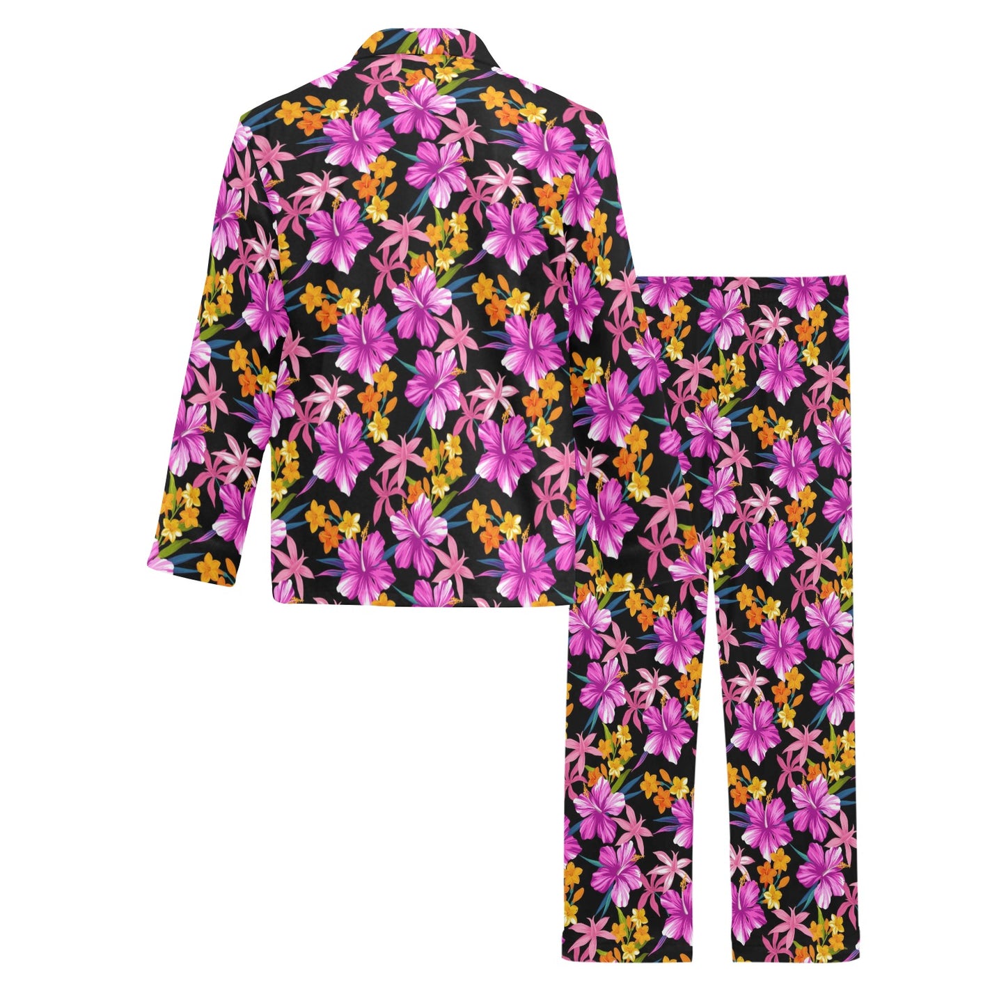 Tropical Folower Pink Hibiscus Print Men's Long Pajama Set
