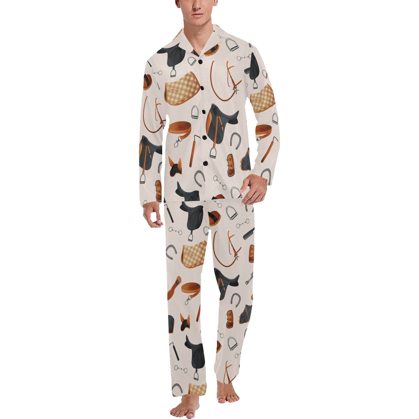 Equestrian Equipment Print Pattern Men's Long Pajama Set