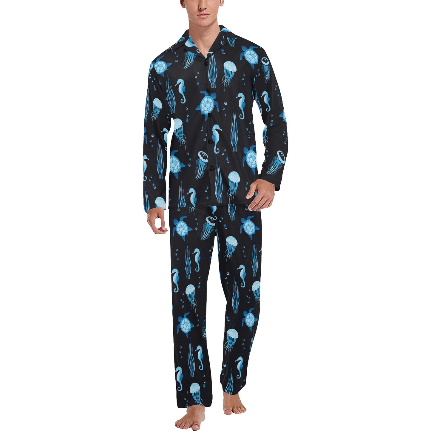 Sea Turtle Jelly Fish Sea Horse Print Design LKS3014 Men's Long Pajama Set