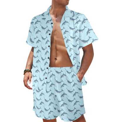 Narwhal Dolphin Print Men's Beach Shirt and Shorts Set