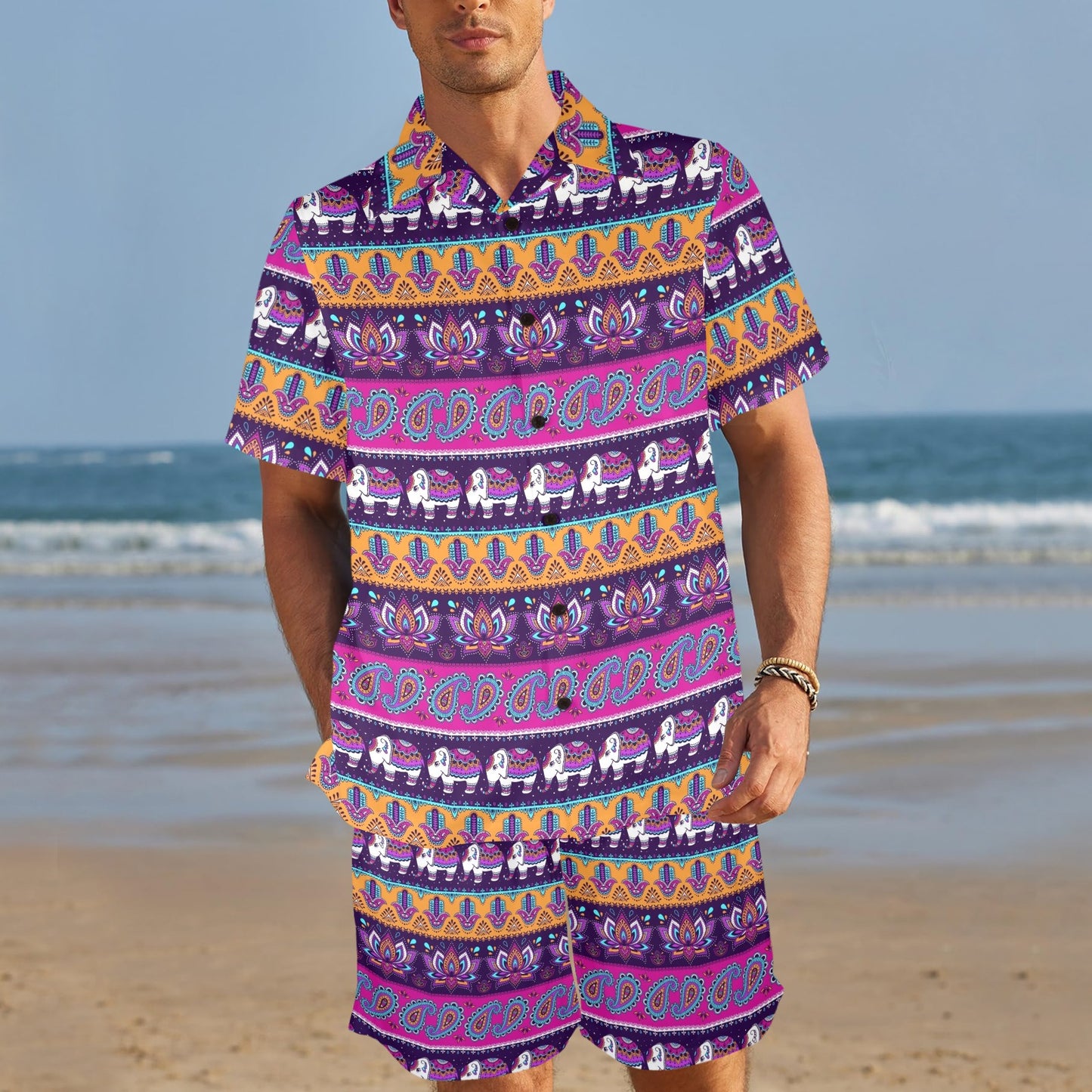 Boho Indian Style Pattern Men's Beach Shirt and Shorts Set