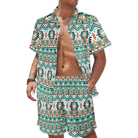 Indian Navajo Ethnic Themed Design Print Men's Beach Shirt and Shorts Set