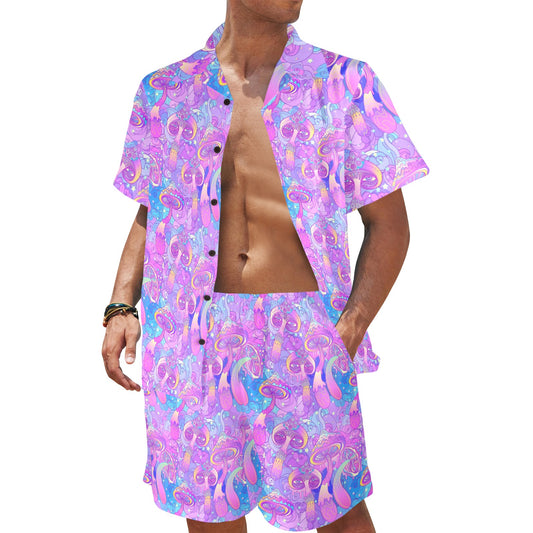 Psychedelic Trippy Mushroom Print Men's Beach Shirt and Shorts Set
