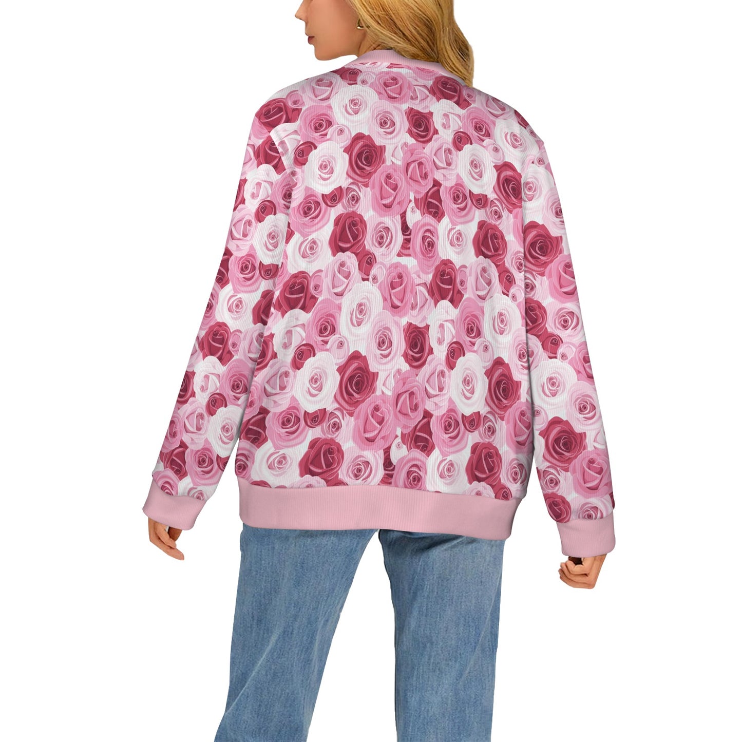 Pink Red Rose Pattern Print Women's Cardigan