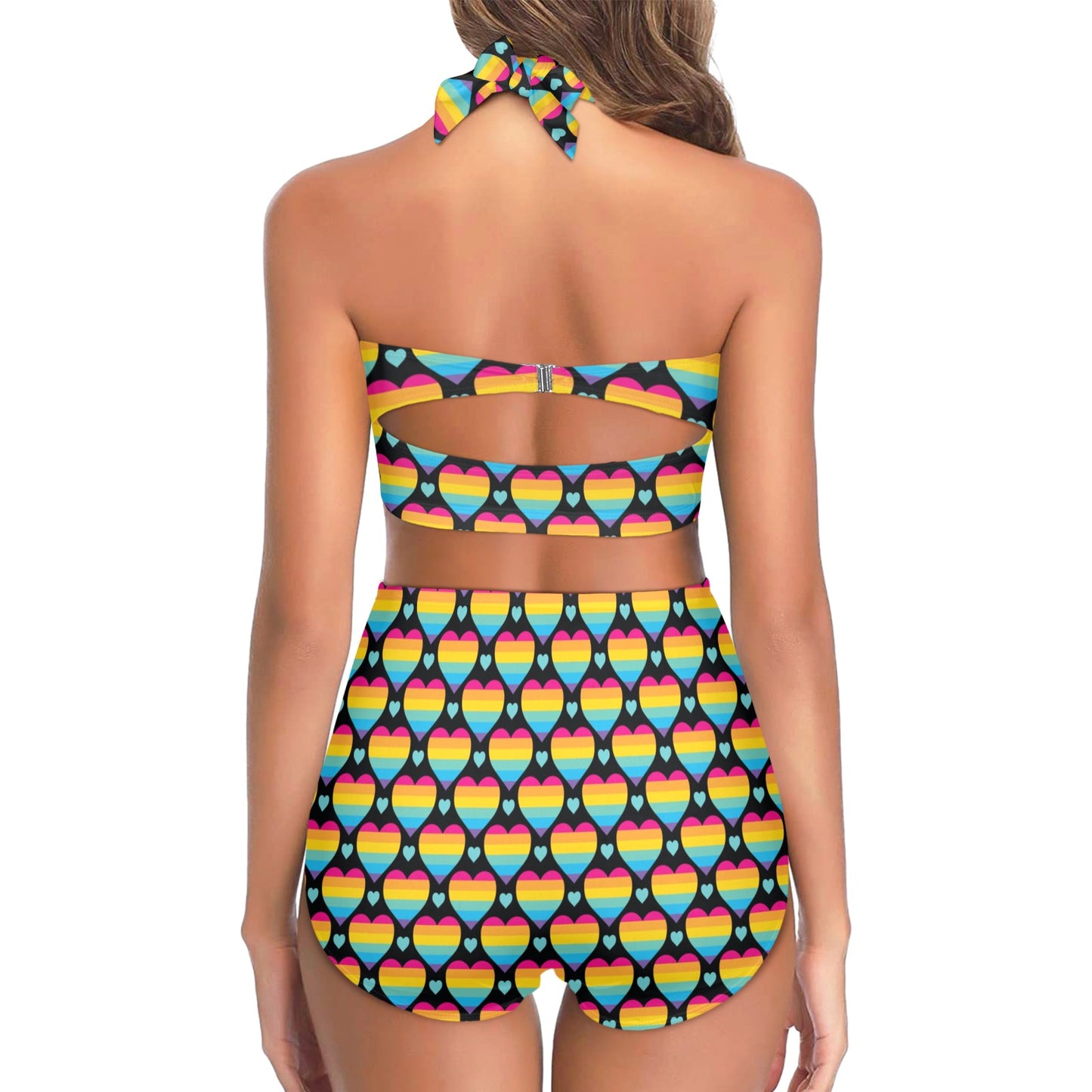 Rainbow Heart Print Pattern Halter Neck Bikini Swimsuit