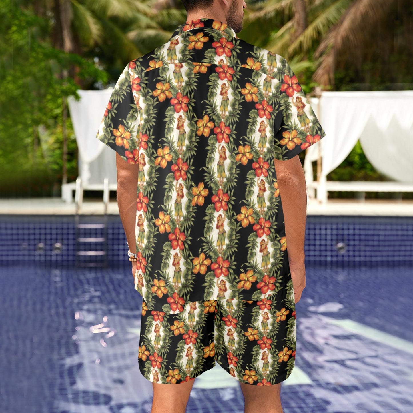 Hawaiian Flower Hula Hibiscus Print Men's Beach Shirt and Shorts Set