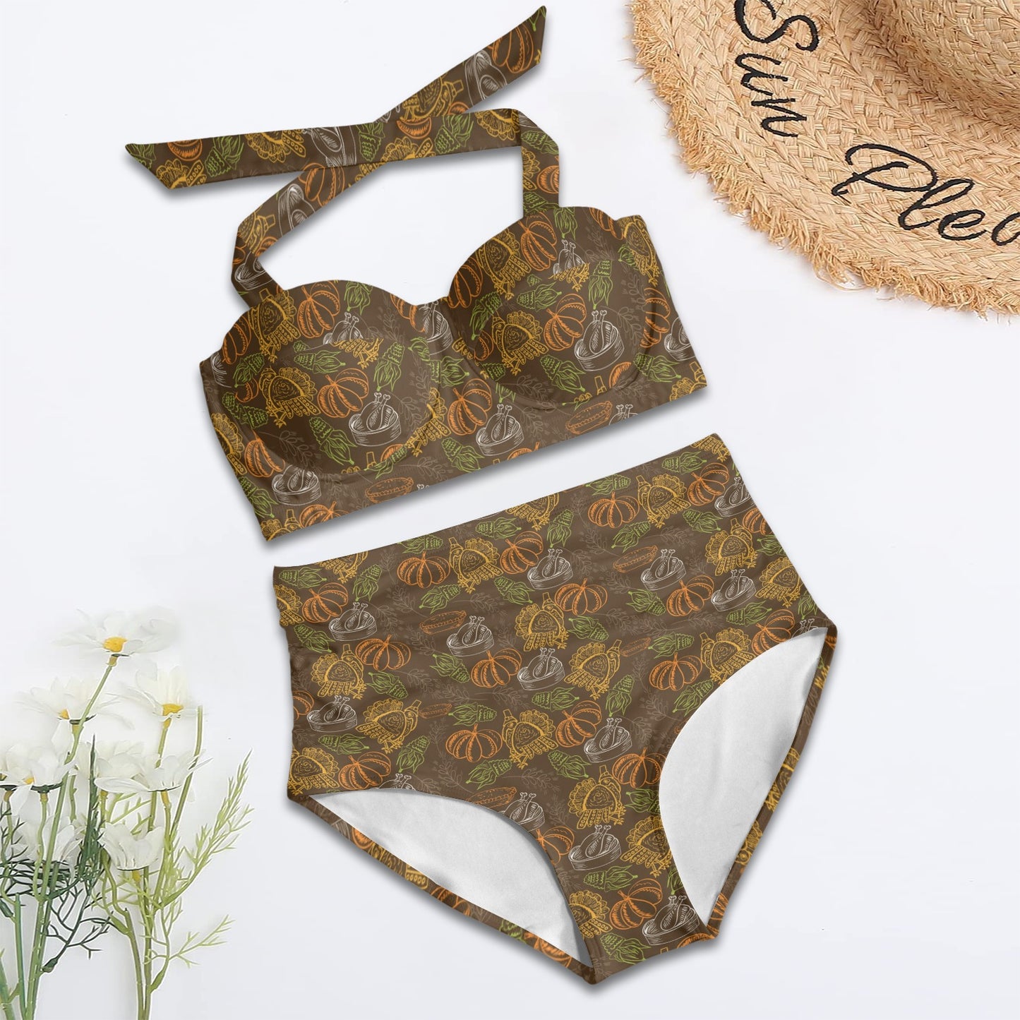 Thanksgiving Print Design LKS301 Halter Neck Bikini Swimsuit