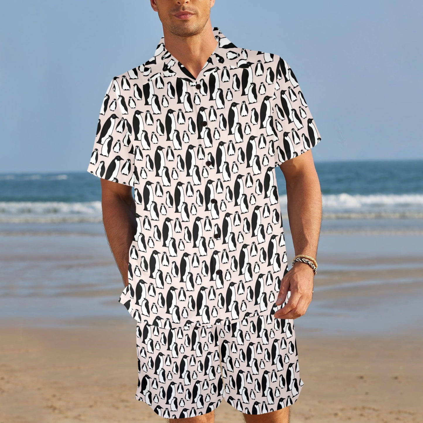 Penguin Themed Men's Beach Shirt and Shorts Set