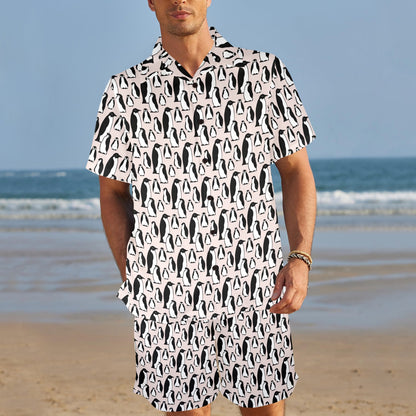 Penguin Themed Men's Beach Shirt and Shorts Set