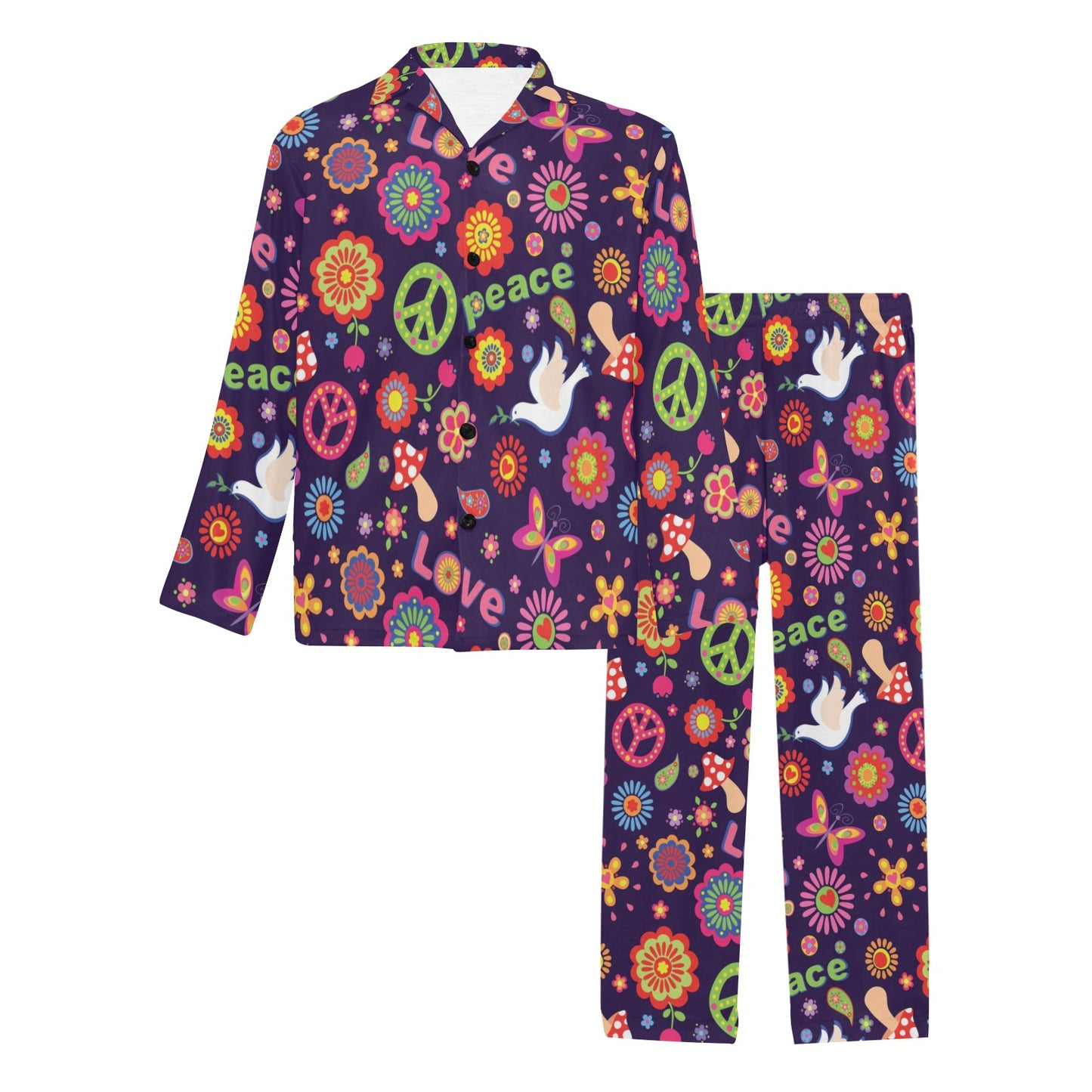Flower Power Peace Design Print Men's Long Pajama Set