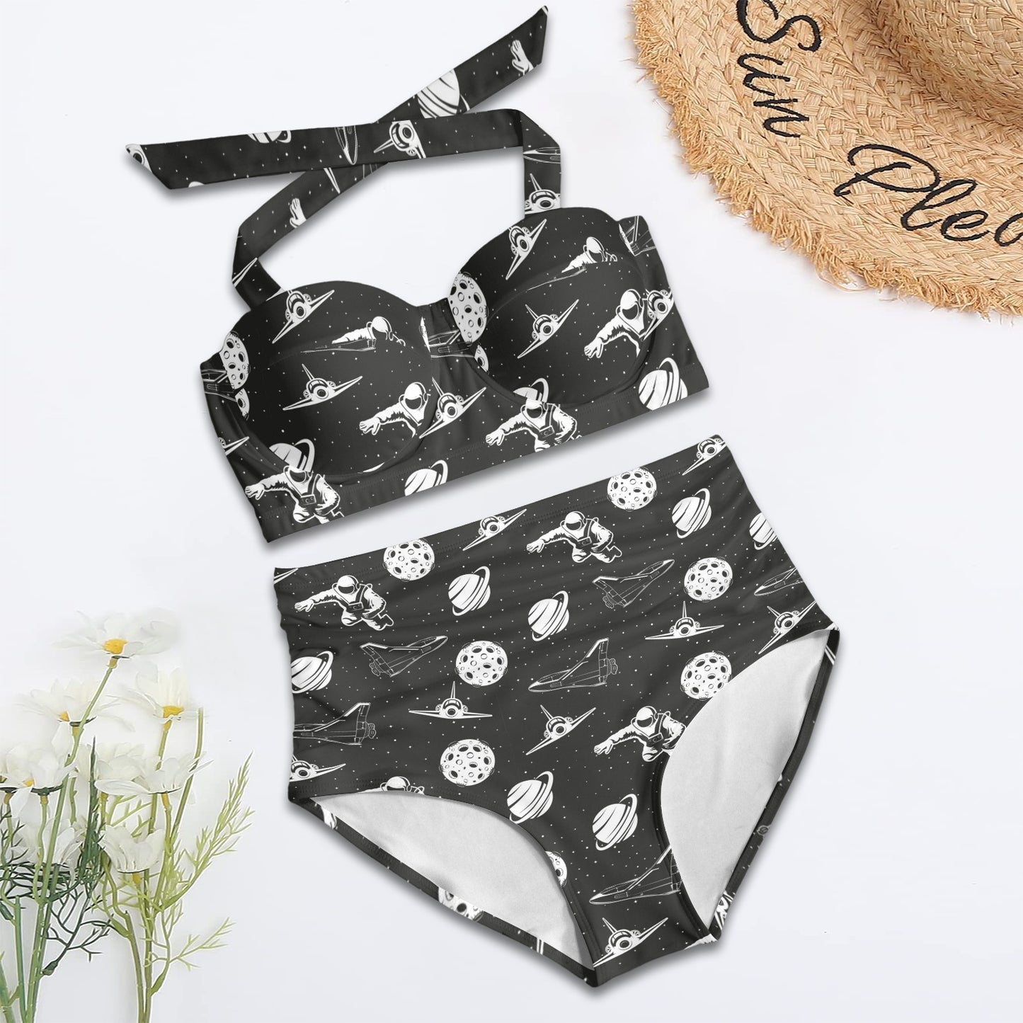 Space Astronauts Print Halter Neck Bikini Swimsuit